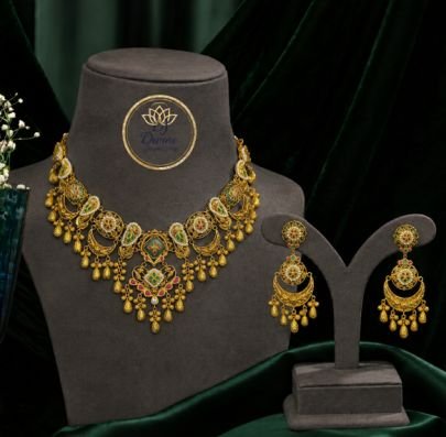 Divine Antique Gold Plated Silver Meenakari Statement Necklace Set with Dangler Earrings