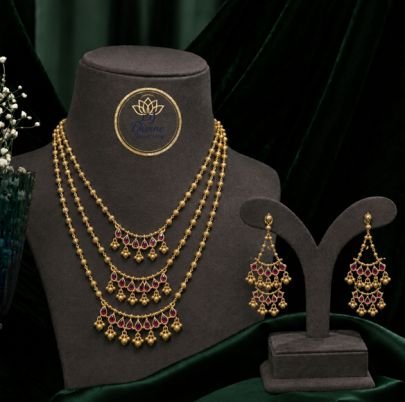 Divine Antique Gold Plated Silver Layered Ruby Beaded Necklace Set with Dangler Earrings