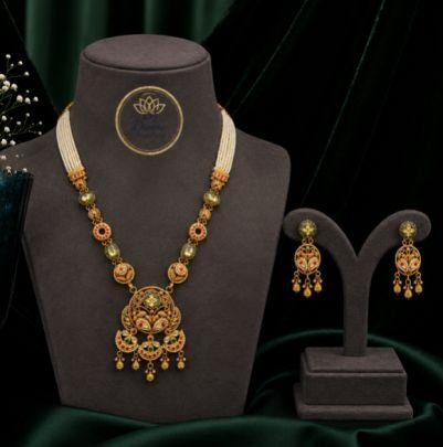 Divine Antique Gold Temple Necklace Set for Women with Multicolor Pendant & Pearl Beads | Traditional Bridal, Wedding, Festive & Ethnic Jewelry with M