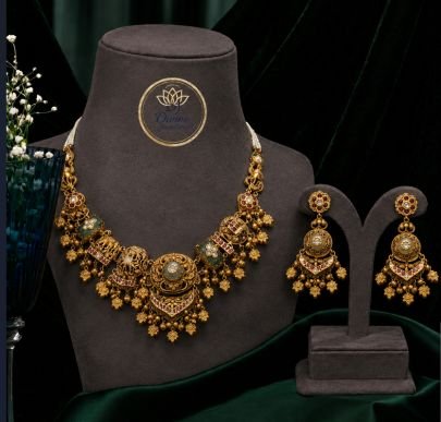 Divine Antique Lakshmi Temple Necklace Set with Earrings | Gold Plated Silver Jewellery