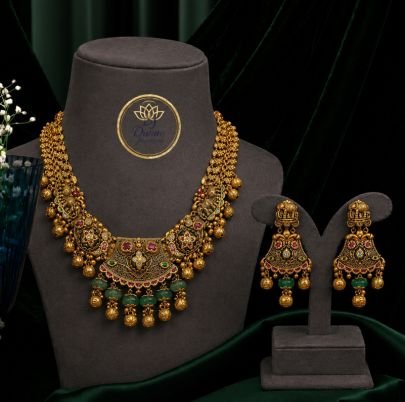 Divine Antique Lakshmi Temple Necklace Set with Earrings – 92.5 Silver Gold Plated Traditional Bridal Jeweller