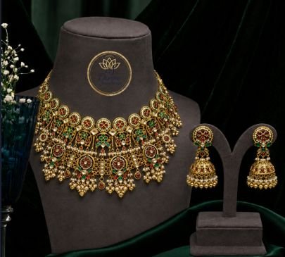 Divine Antique Multicolor Temple Necklace Set with Jhumka Earrings | Gold Plated Silver Jewellery
