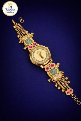 Divine Antique-Style Silver Gold-Plated Designer Jewellery Watch with Kundan Stones & Textured Bracelet