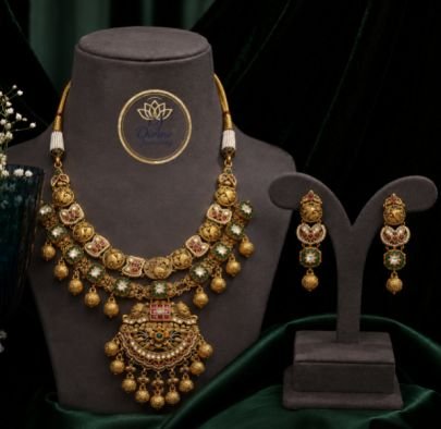 Divine Antique Temple Pendant Necklace Set with Matching Earrings | Gold Plated Traditional Jewellery