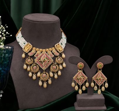 Divine Designer Gold-Plated Silver Pearl Beaded Temple Necklace Set with Statement Earrings