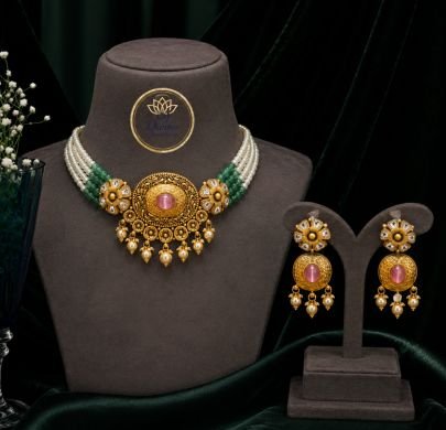 Divine Elegant Pearl & Emerald Beaded Gold-Plated 92.5 Silver Choker Necklace Set with Earrings | Traditional Designer Jewellery