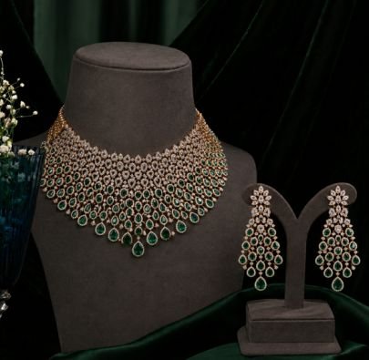 Divine Emerald Drop Bridal Necklace Set in 92.5 Silver with Gold Plating