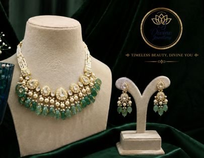 Divine Emerald Pearl Kundan Necklace Set in 92.5 Silver Gold Plated
