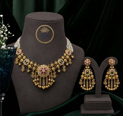 Divine Floral Temple Necklace Set with Pearl Strings & Earrings | Gold Plated Silver Jewellery