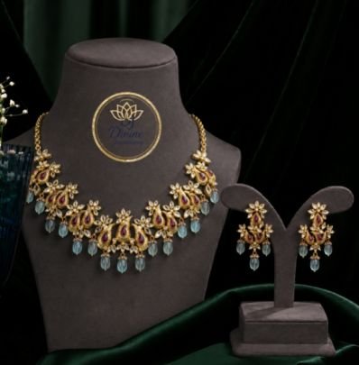 Divine Gold-Plated Aqua Crystal Floral Necklace Set with Earrings | 92.5 Silver Base