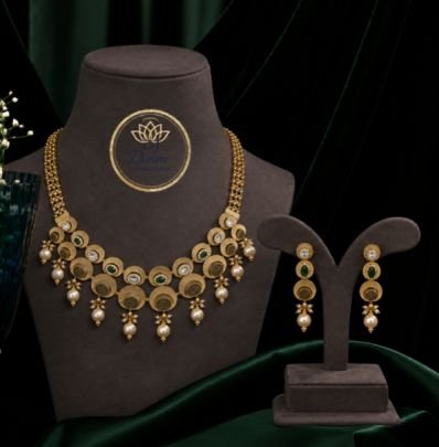 Divine Gold-Plated Emerald Stone & Pearl Drop Necklace Set with Earrings | 92.5 Silver Base