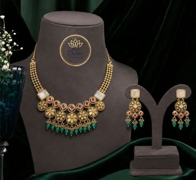 Divine Gold Plated Green Beads Kundan Necklace Set with Earrings | Traditional Silver Jewellery