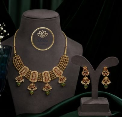 Divine Gold-Plated Traditional Temple Necklace Set with Green Bead Drops | 92.5 Silver Base