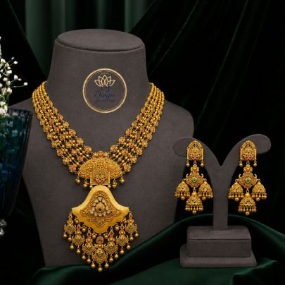 Divine Grand Antique Gold-Plated 92.5 Silver Layered Bridal Necklace Set with Jhumka Earrings | Traditional Temple Jewellery