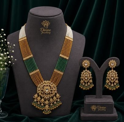Divine Green Beaded Rajwadi Long Necklace Set with Earrings – Gold Plated Silver Jewellery