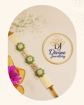 Divine Green Stone Pearl Bracelet for Women | 92.5 Silver Gold Plated Designer Hand Bracelet