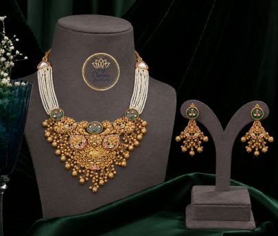 Divine Heritage Pearl Layered Antique Gold-Plated Silver Temple Necklace Set with Matching Chandbali Earrings