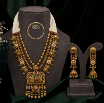 Divine Heritage Pearl Layered Temple Necklace Set with Pendant & Jhumka Earrings | Gold Plated Jewellery