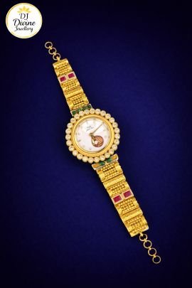 Divine Heritage Silver Gold-Plated Designer Wrist Watch Bracelet with Traditional Motif Dial & Stone Detailing for Women