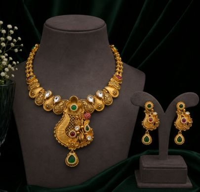 Divine JeTraditional Antique Gold Plated Peacock Necklace Set for Women | Temple Style Ethnic Jewellery with Matching Earrings | Bridal Festive Collec