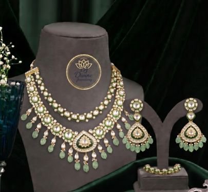 Divine JewellerLuxury Kundan Layered Necklace Set with Green Beads | Gold Plated Silver Bridal Jewellery Set