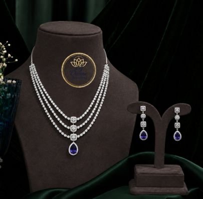Divine Jewellery 92.5 Silver American Diamond Multi-Layer Necklace Set with Royal Blue Teardrop Stone Pendant & Matching Earrings
