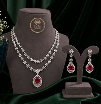 Divine Jewellery 92.5 Silver Dual Layer Ruby Drop Necklace Set with Earrings