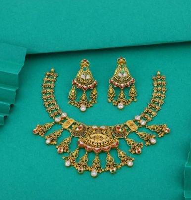 Divine Jewellery 92.5 Silver Gold Plated Traditional Necklace Set with Earrings – Antique Meenakari Design Bridal Jewellery