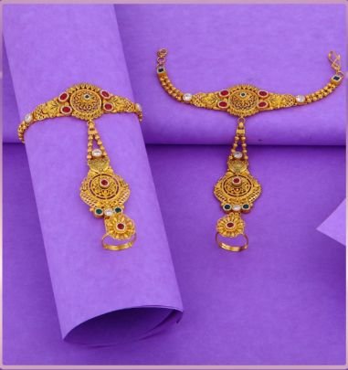 Divine Jewellery 92.5 Silver Gold Plated Pocha Hand Bracelet with Ring – Traditional Antique Bridal Hand Jewellery