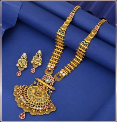 Divine Jewellery 92.5 Silver Gold Plated Long Necklace Set with Earrings – Antique Temple Pendant Bridal Design
