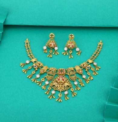 Divine Jewellery 92.5 Silver Gold Plated Traditional Necklace Set with Earrings – Antique Meenakari Pendant Design