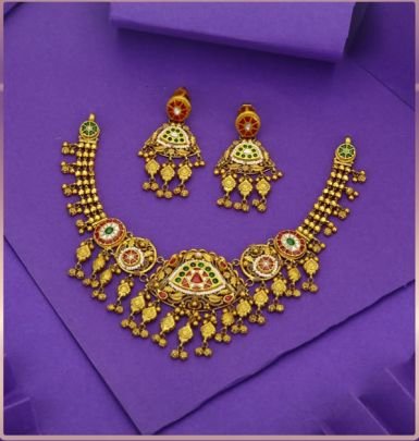 Divine Jewellery 92.5 Silver Gold Plated Traditional Necklace Set with Earrings – Antique Meenakari Triangle Pendant Design