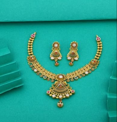 Divine Jewellery 92.5 Silver Gold Plated Traditional Necklace Set with Earrings – Antique Triangle Pendant Meenakari Design