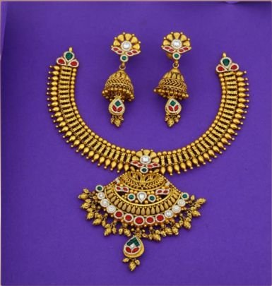 Divine Jewellery 92.5 Silver Gold Plated Temple Necklace Set with Jhumka Earrings – Antique Meenakari Bridal Design