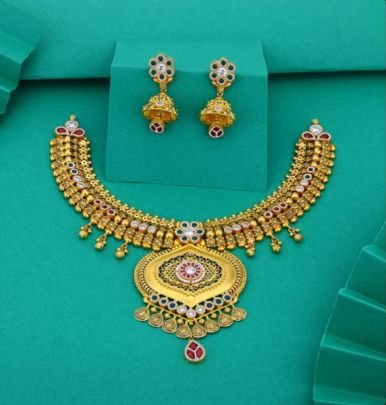 Divine Jewellery 92.5 Silver Gold Plated Traditional Necklace Set with Jhumka Earrings – Antique Meenakari Oval Pendant Design
