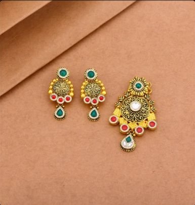 Divine Jewellery 92.5 Silver Gold Plated Pendant Set with Earrings – Antique Circular Meenakari Design
