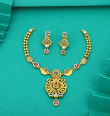 Divine Jewellery 92.5 Silver Gold Plated Traditional Necklace Set with Earrings – Antique Filigree Pendant Meenakari Design