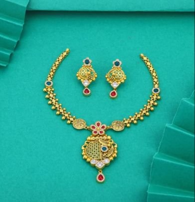 Divine Jewellery 92.5 Silver Gold Plated Traditional Necklace Set with Earrings – Antique Floral Pendant Meenakari Design