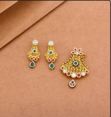 Divine Jewellery 92.5 Silver Gold Plated Pendant Set with Earrings – Antique Jali Meenakari Floral Design