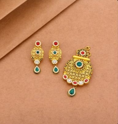 Divine Jewellery 92.5 Silver Gold Plated Pendant Set with Earrings – Antique Circular Jali Meenakari Design