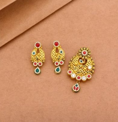 Divine Jewellery 92.5 Silver Gold Plated Pendant Set with Earrings – Antique Peacock Jali Meenakari Design