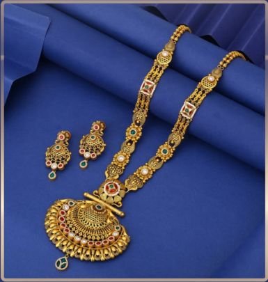 Divine Jewellery 92.5 Silver Gold Plated Long Necklace Set with Earrings – Antique Temple Peacock Pendant Design