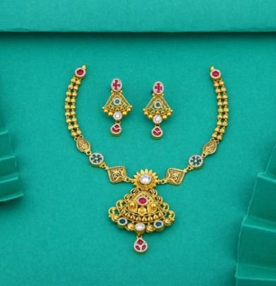 Divine Jewellery 92.5 Silver Gold Plated Traditional Necklace Set with Earrings – Antique Floral Temple Pendant Design
