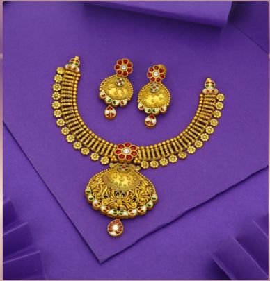 Divine Jewellery 92.5 Silver Gold Plated Temple Necklace Set with Jhumka Earrings – Antique Floral Pendant Design