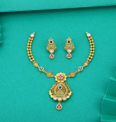 Divine Jewellery 92.5 Silver Gold Plated Traditional Necklace Set with Earrings – Antique Floral Jali Pendant Design