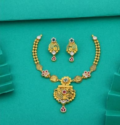 Divine Jewellery 92.5 Silver Gold Plated Traditional Necklace Set with Earrings – Antique Floral Jali Temple Pendant Design