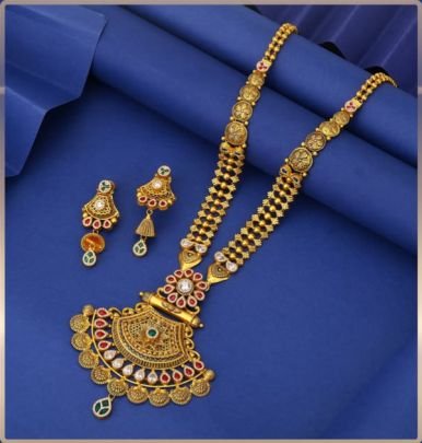 Divine Jewellery 92.5 Silver Gold Plated Long Necklace Set with Earrings – Antique Temple Fan Pendant Meenakari Design