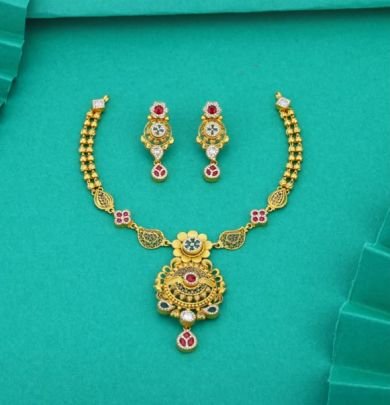 Divine Jewellery 92.5 Silver Gold Plated Traditional Necklace Set with Earrings – Antique Floral Temple Pendant Meenakari Design