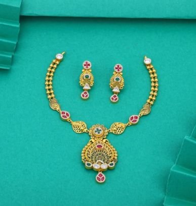 Divine Jewellery 92.5 Silver Gold Plated Traditional Necklace Set with Earrings – Antique Floral Fan Pendant Meenakari Design