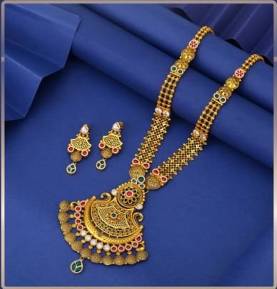Divine Jewellery 92.5 Silver Gold Plated Long Necklace Set with Earrings – Antique Peacock Fan Pendant Meenakari Design